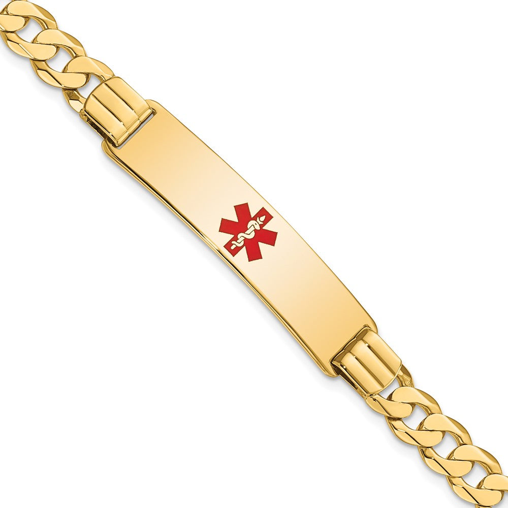 Engravable 14K Yellow Gold Medical Red Enamel Curb Link ID Bracelet Length 7 inches Width 10.5 mm With Lobster Claw Clasp