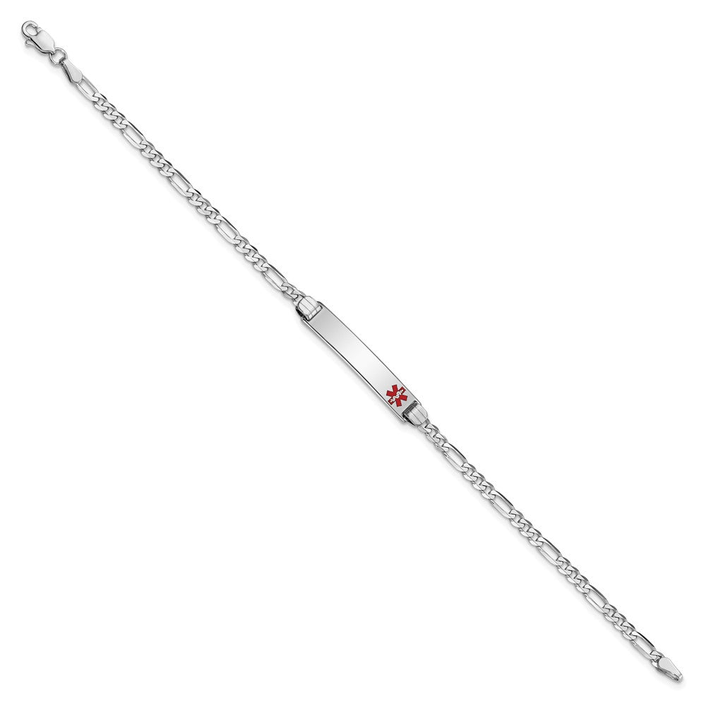 Engravable 14K White Gold Medical Red Enamel Figaro Link ID Bracelet Length 7 inches Width 5.5 mm With Lobster Claw Clasp