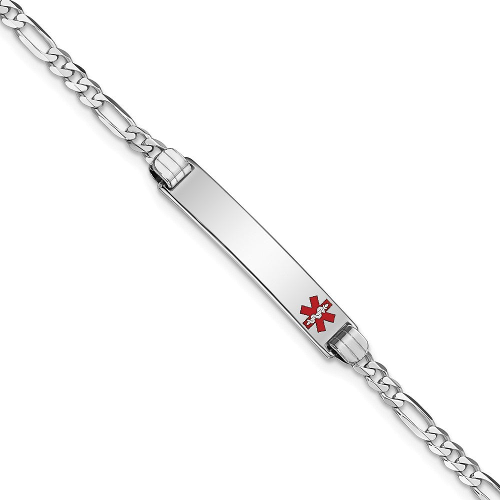 Engravable 14K White Gold Medical Red Enamel Figaro Link ID Bracelet Length 7 inches Width 5.5 mm With Lobster Claw Clasp