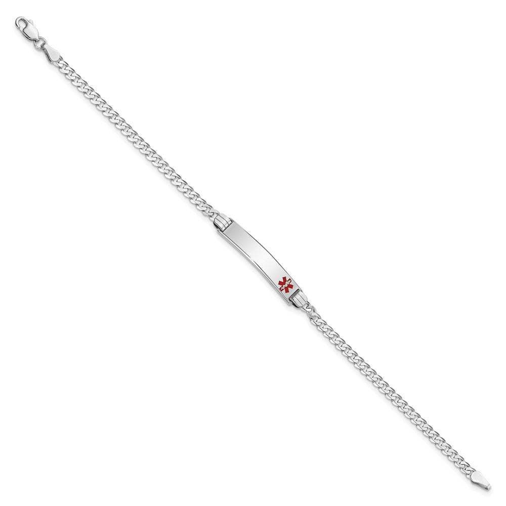 Engravable 14K White Gold Medical Red Enamel Flat Curb Link ID Bracelet Length 8 inches Width 5.5 mm With Lobster Claw Clasp