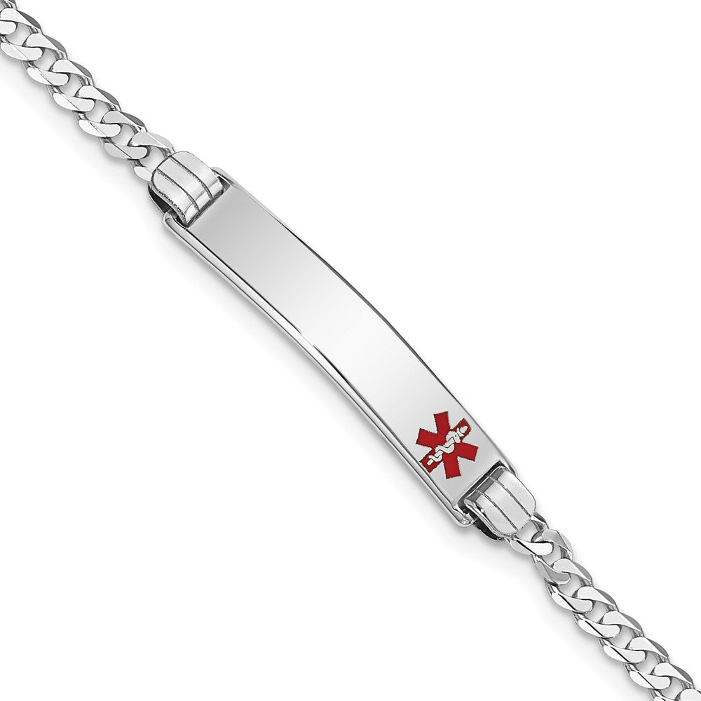 Engravable 14K White Gold Medical Red Enamel Flat Curb Link ID Bracelet Length 8 inches Width 5.5 mm With Lobster Claw Clasp