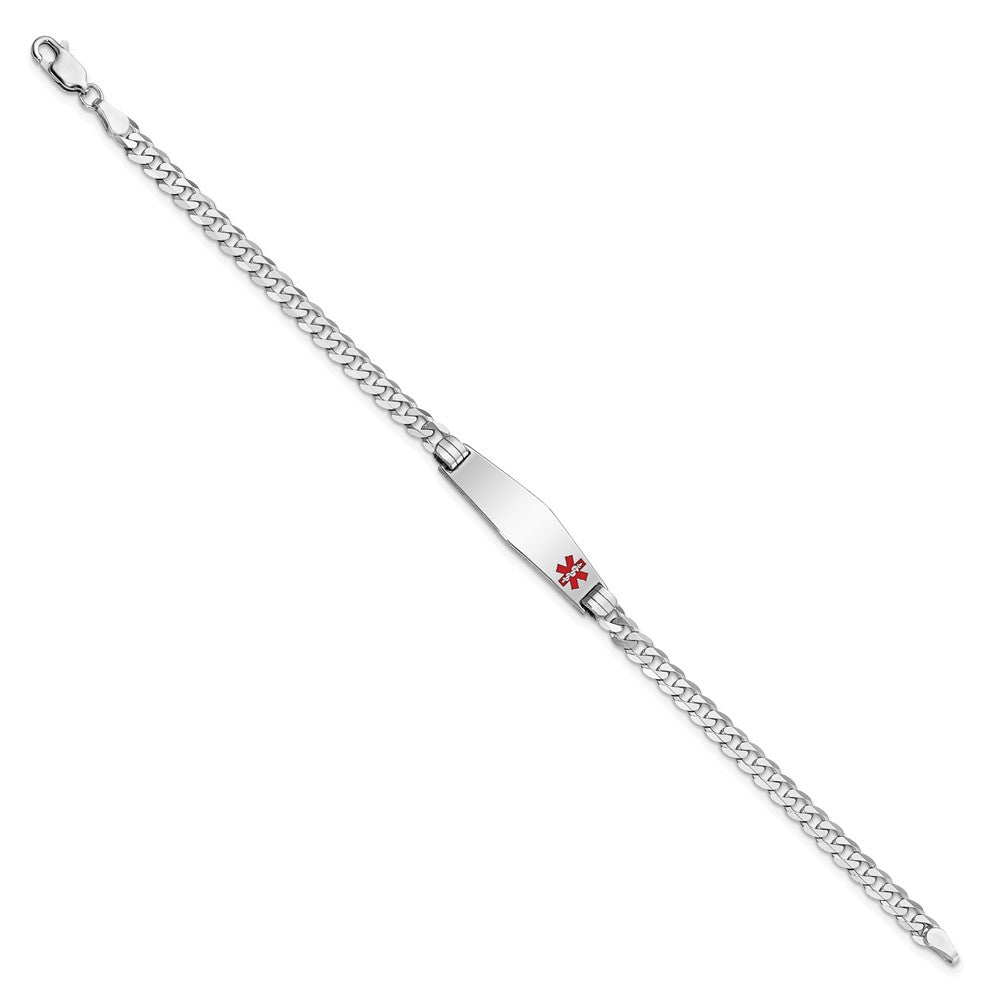 Engravable 14K White Gold Medical Soft Diamond Shape Red Enamel Flat Curb Link ID Bracelet Length 7 inches Width 7.5 mm With Lobster Claw Clasp