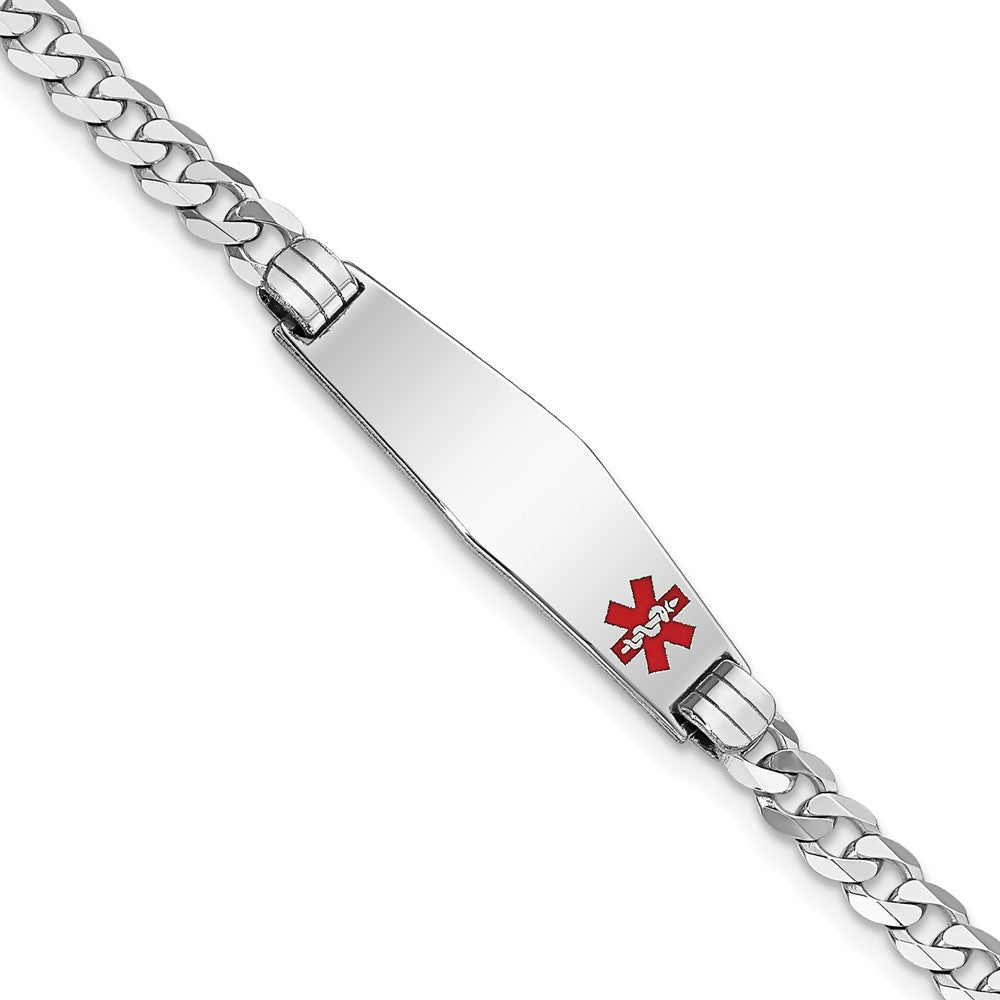 Engravable 14K White Gold Medical Soft Diamond Shape Red Enamel Flat Curb Link ID Bracelet Length 7 inches Width 7.5 mm With Lobster Claw Clasp