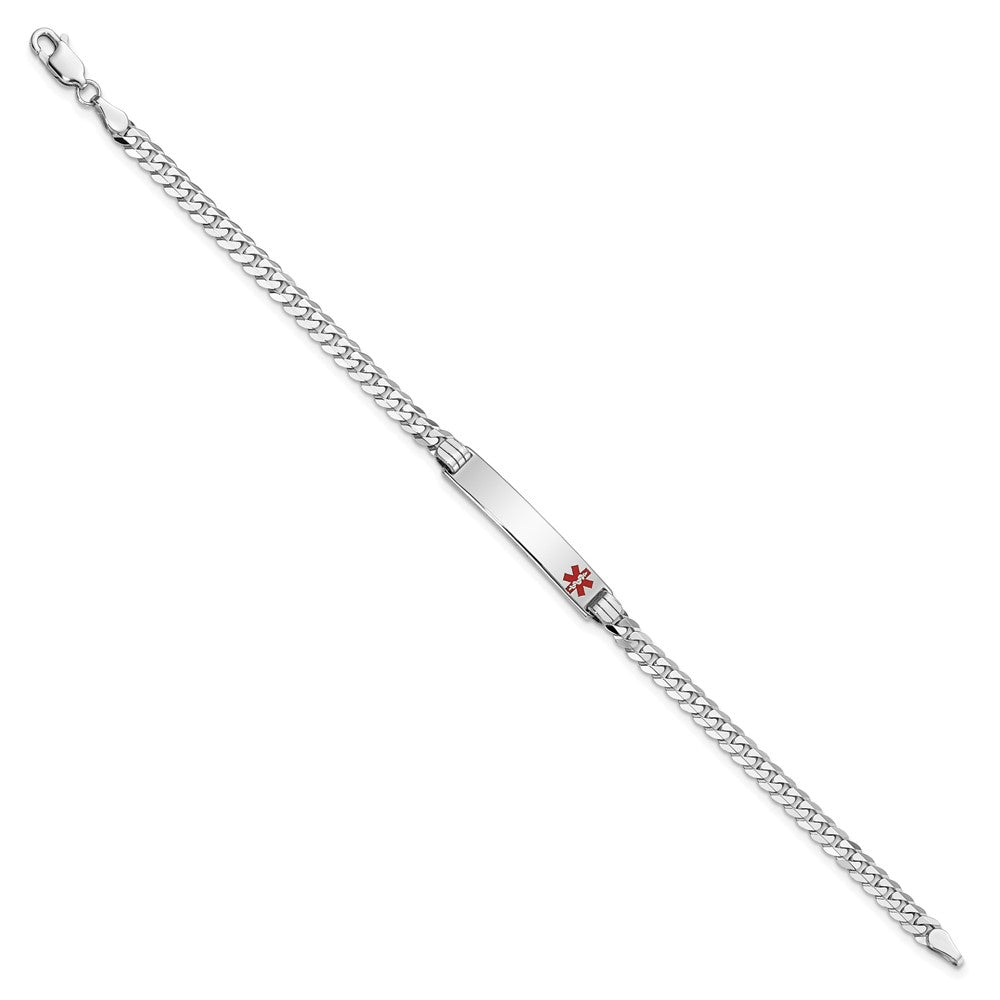 Engravable 14K White Gold Medical Red Enamel Flat Curb Link ID Bracelet Length 7 inches Width 5.5 mm With Lobster Claw Clasp