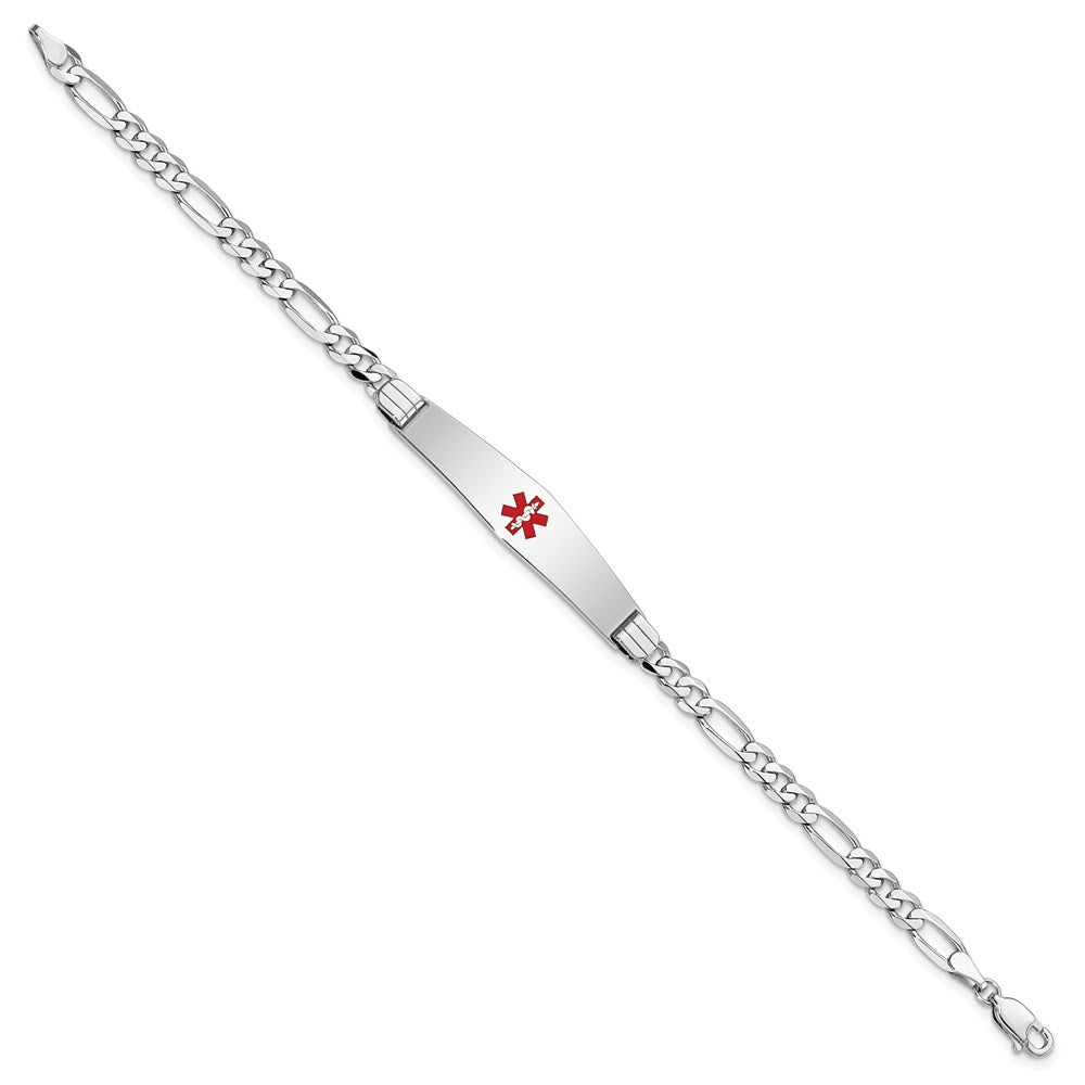 Engravable 14K White Gold Medical Soft Diamond Shape Red Enamel Figaro Link ID Bracelet Length 8 inches Width 9 mm With Lobster Claw Clasp