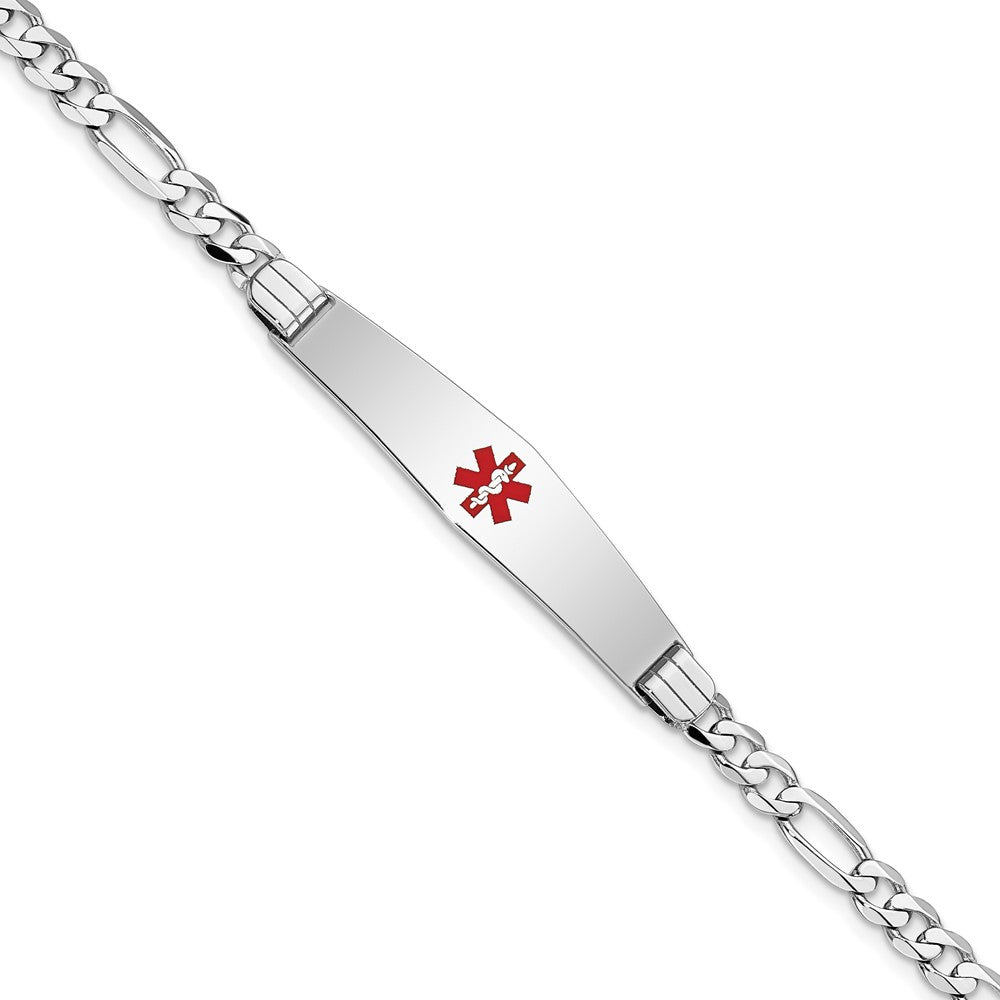 Engravable 14K White Gold Medical Soft Diamond Shape Red Enamel Figaro Link ID Bracelet Length 8 inches Width 9 mm With Lobster Claw Clasp