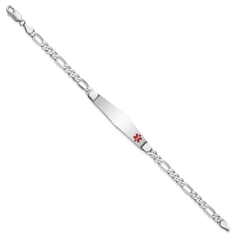 Engravable 14K White Gold Medical Soft Diamond Shape Red Enamel Figaro Link ID Bracelet Length 7 inches Width 9 mm With Lobster Claw Clasp