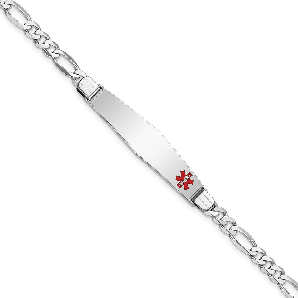 Engravable 14K White Gold Medical Soft Diamond Shape Red Enamel Figaro Link ID Bracelet Length 8 inches Width 9 mm With Lobster Claw Clasp