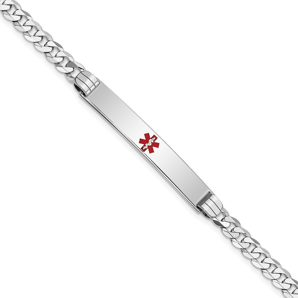 Engravable 14K White Gold Medical Red Enamel Flat Curb Link ID Bracelet Length 7 inches Width 6.5 mm With Lobster Claw Clasp