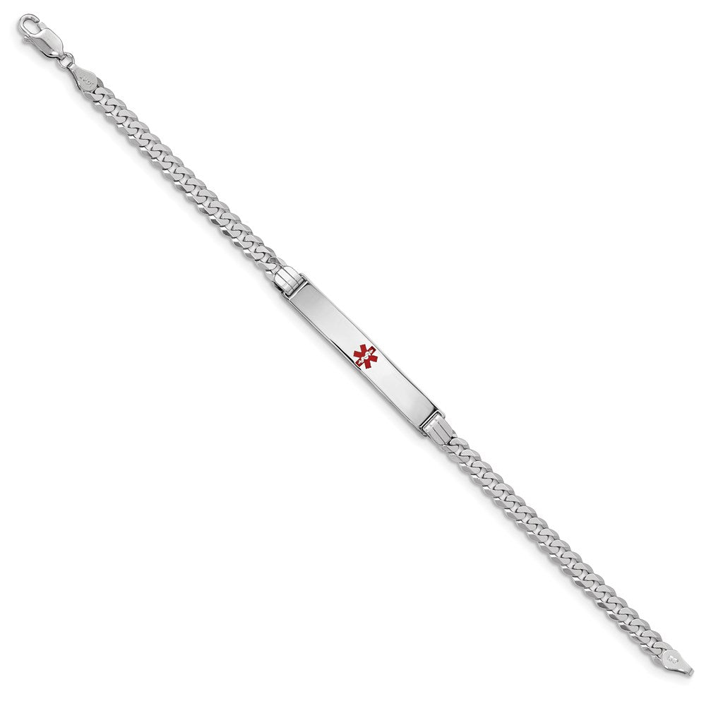 Engravable 14K White Gold Medical Red Enamel Flat Curb Link ID Bracelet Length 7 inches Width 6.5 mm With Lobster Claw Clasp