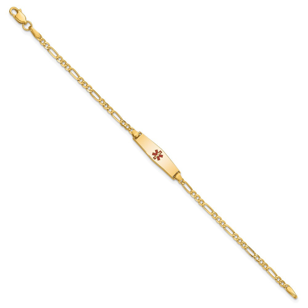 Engravable 14K Yellow Gold Medical Soft Diamond Shape Red Enamel Figaro ID Bracelet Length 6 inches Width 6 mm With Lobster Claw Clasp