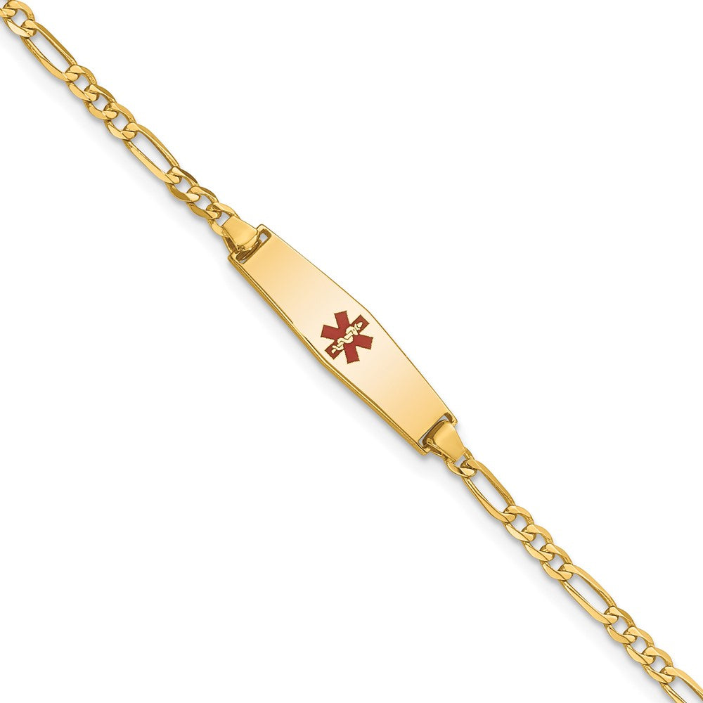 Engravable 14K Yellow Gold Medical Soft Diamond Shape Red Enamel Figaro ID Bracelet Length 6 inches Width 6 mm With Lobster Claw Clasp