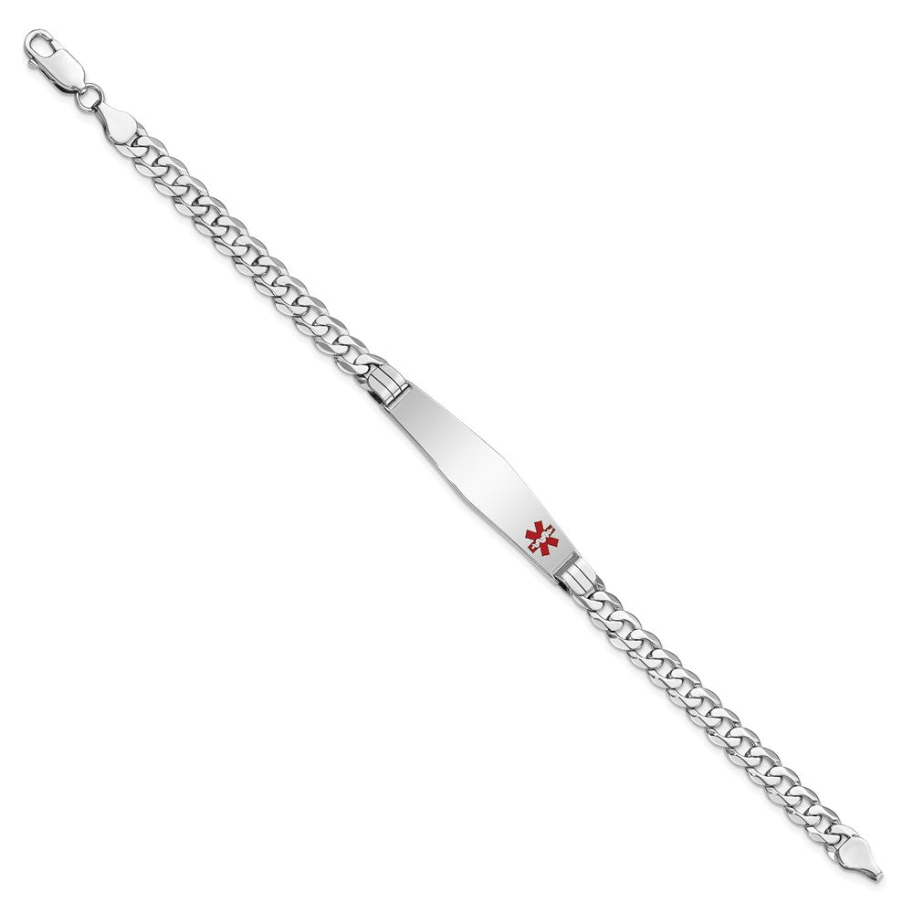 Engravable 14K White Gold Medical Soft Diamond Shape Red Enamel Flat Curb Link ID Bracelet Length 8 inches Width 9.5 mm With Lobster Claw Clasp