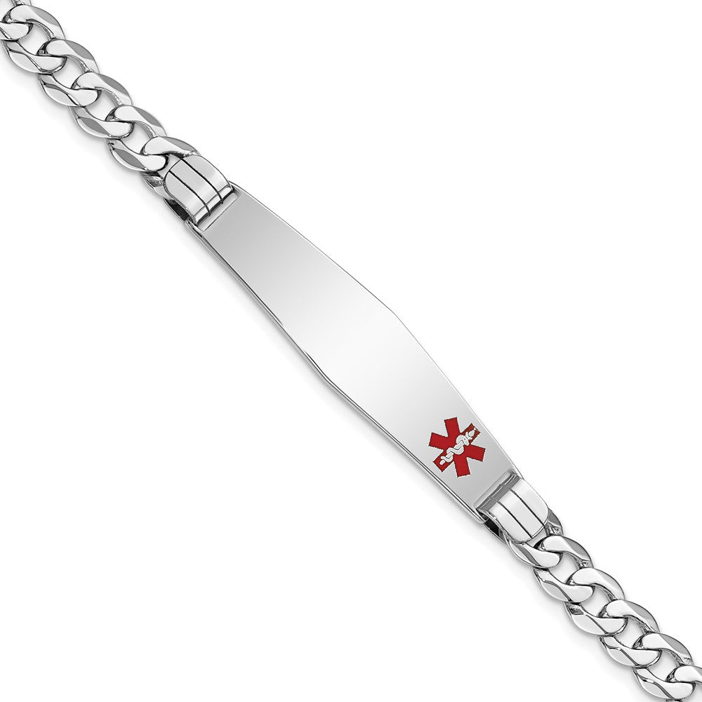 Engravable 14K White Gold Medical Soft Diamond Shape Red Enamel Flat Curb Link ID Bracelet Length 8 inches Width 9.5 mm With Lobster Claw Clasp