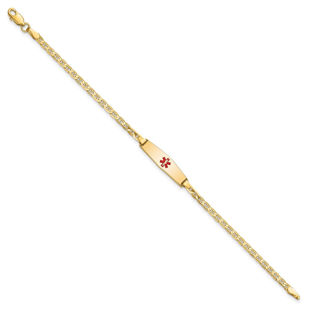 Engravable 14K Yellow Gold Medical Soft Diamond Shape Red Enamel Flat Anchor Link ID Bracelet Length 7 inches Width 5.5 mm With Lobster Claw Clasp