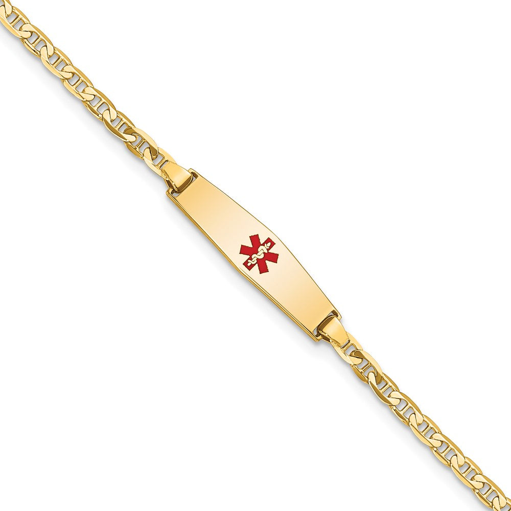 Engravable 14K Yellow Gold Medical Soft Diamond Shape Red Enamel Flat Anchor Link ID Bracelet Length 6 inches Width 5.5 mm With Lobster Claw Clasp