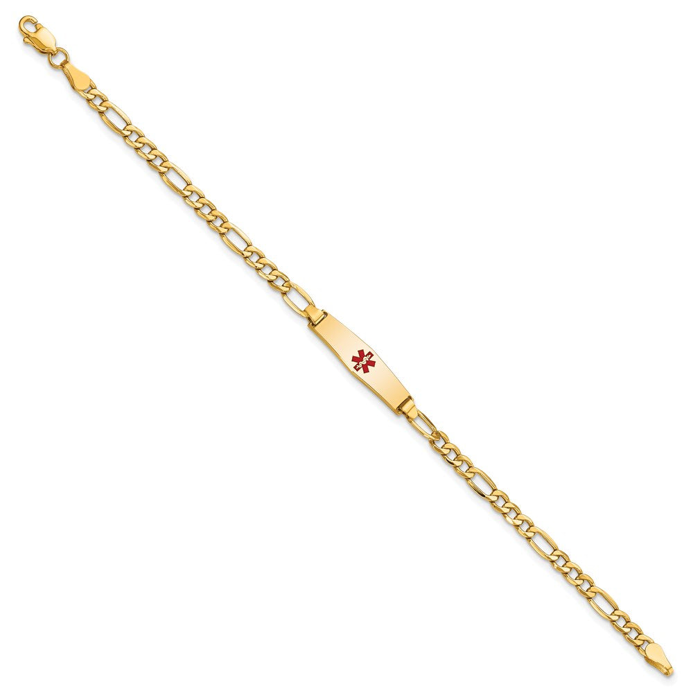 Engravable 14K Yellow Gold Medical Soft Diamond Shape Red Enamel Figaro ID Bracelet Length 7 inches Width 5.5 mm With Lobster Claw Clasp