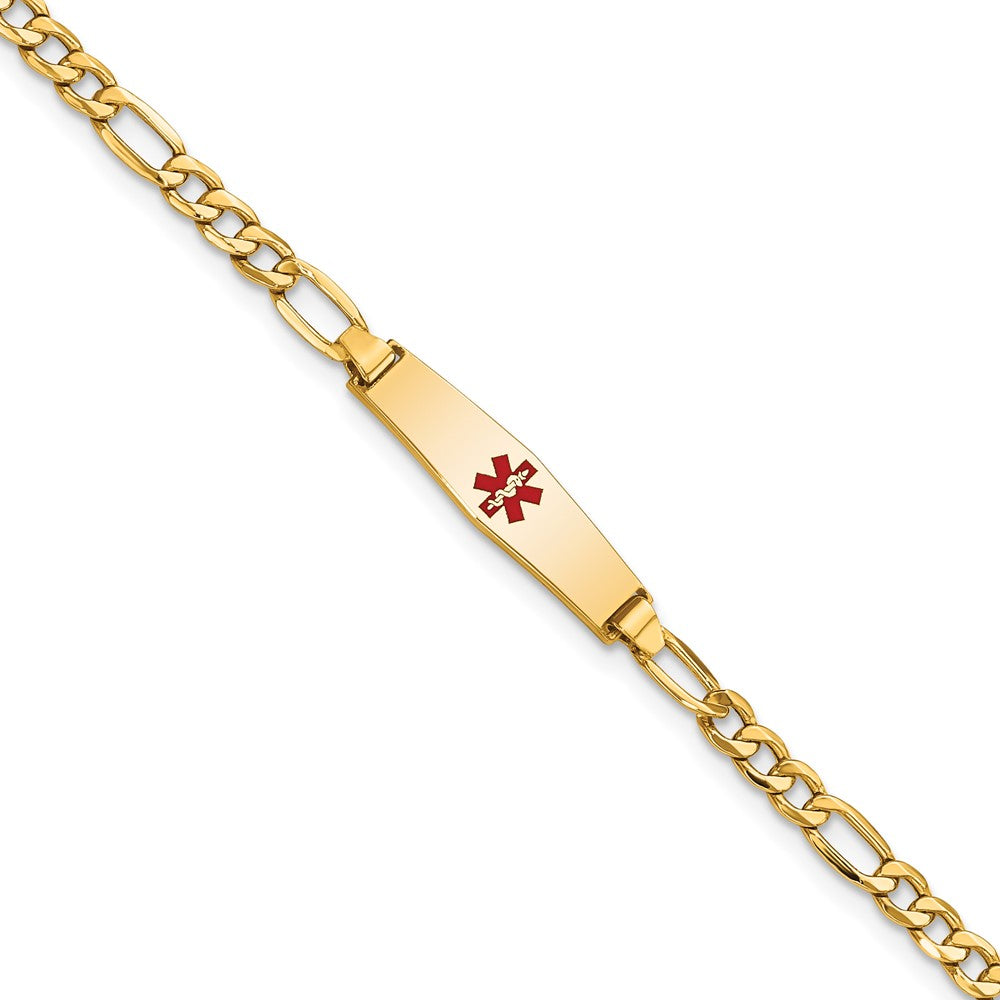 Engravable 14K Yellow Gold Medical Soft Diamond Shape Red Enamel Figaro ID Bracelet Length 7 inches Width 5.5 mm With Lobster Claw Clasp