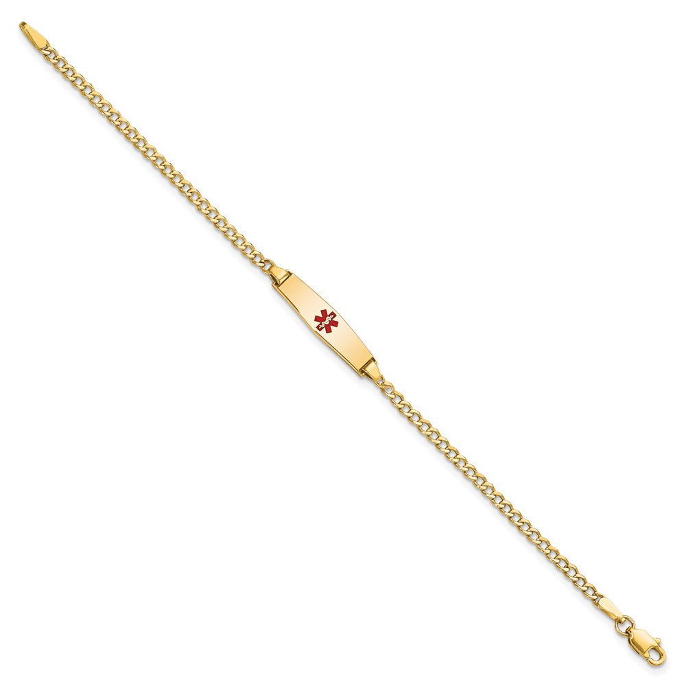 Engravable 14K Yellow Gold Medical Soft Diamond Shape Red Enamel ID Cuban Bracelet Length 6 inches Width 5.5 mm With Lobster Claw Clasp