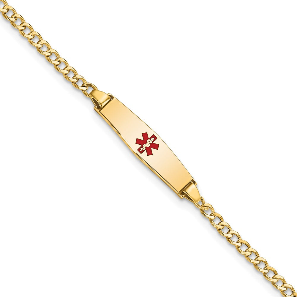 Engravable 14K Yellow Gold Medical Soft Diamond Shape Red Enamel ID Cuban Bracelet Length 6 inches Width 5.5 mm With Lobster Claw Clasp