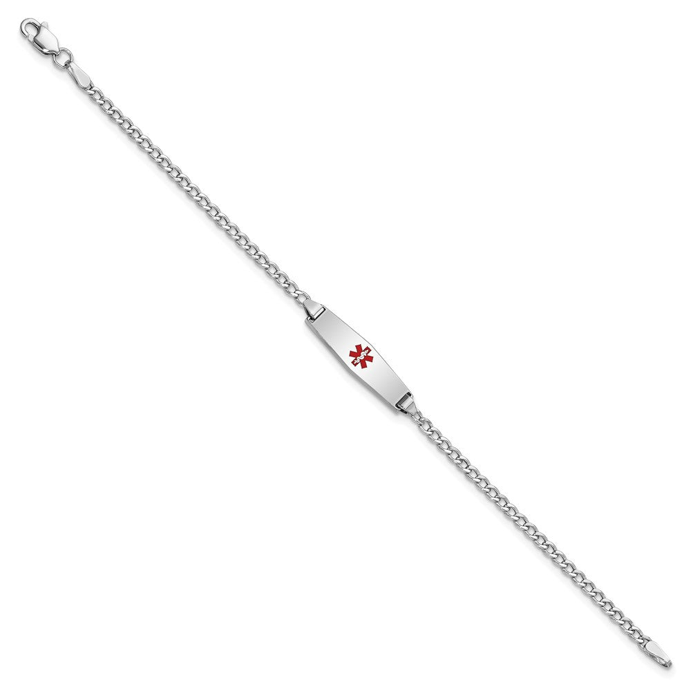 Engravable 14K White Gold Medical Soft Diamond Shape Red Enamel Cuban ID Bracelet Length 7 inches Width 5.5 mm With Lobster Claw Clasp