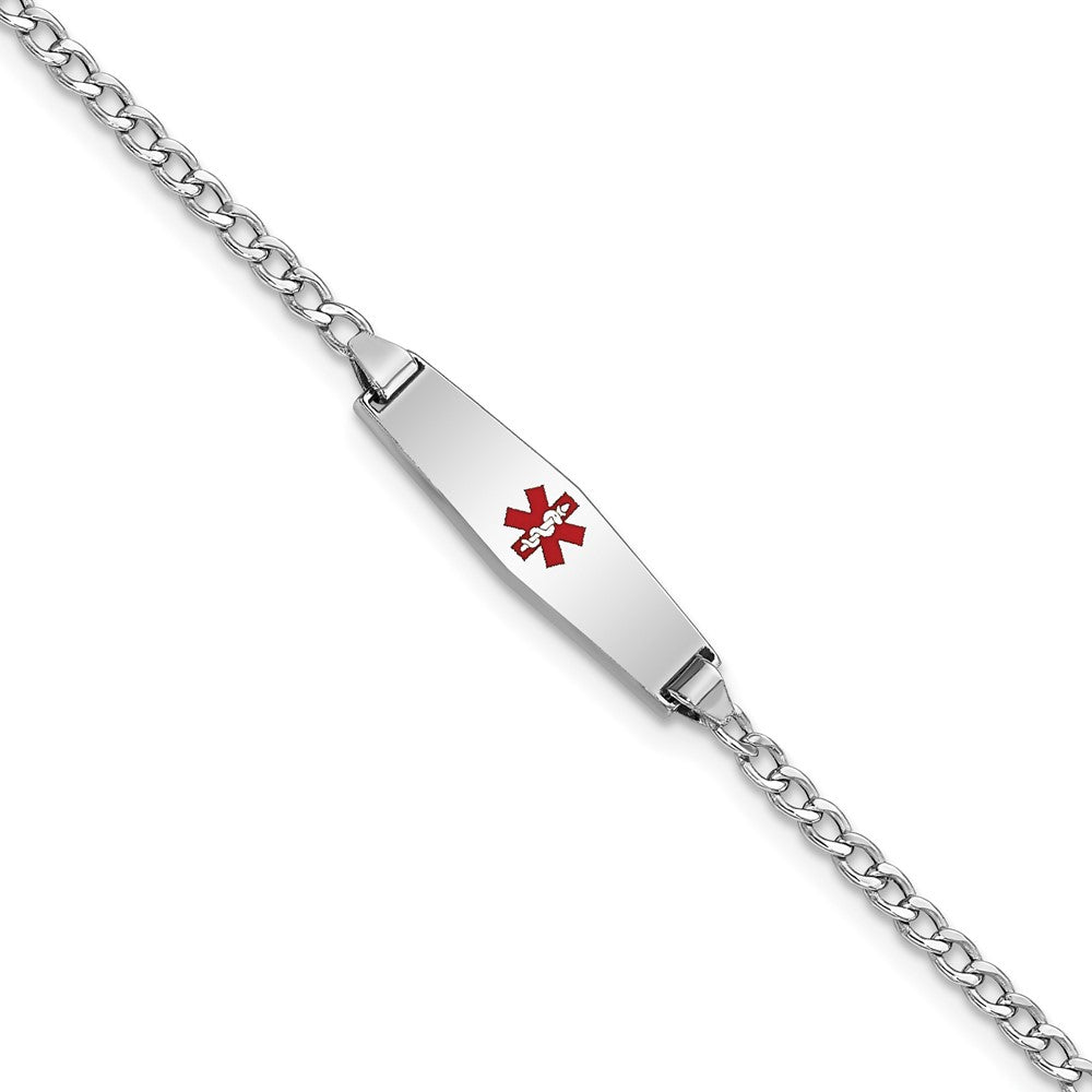 Engravable 14K White Gold Medical Soft Diamond Shape Red Enamel Cuban ID Bracelet Length 6 inches Width 5.5 mm With Lobster Claw Clasp