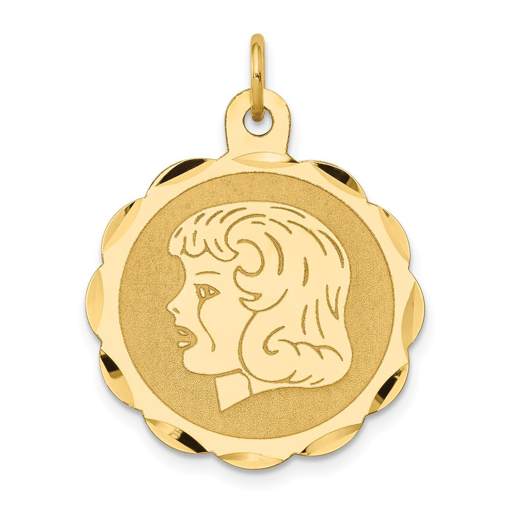 14k Yellow Gold Girl Head on .011 Gauge Scalloped Disc Engravable Charm Pendant Jewelry Gifts (Length 1.13" Width 0.86")