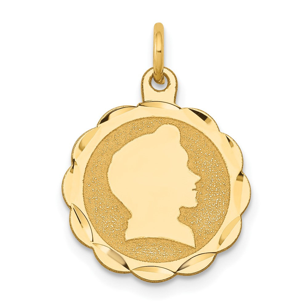 14k Yellow Gold Boy Head on .018 Gauge Scalloped Disc Engravable Charm Pendant Jewelry Gifts (Length 0.82" Width 0.59")