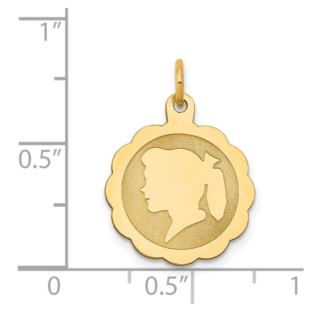 14k Yellow Gold Girl Head on .018 Gauge Scalloped Disc Engravable Charm Pendant Jewelry Gifts (Length 0.82" Width 0.59")