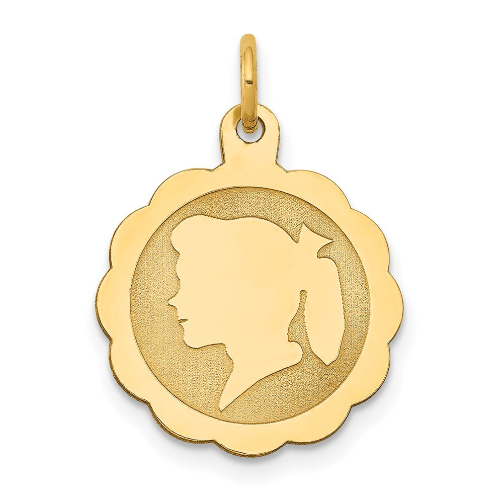 14k Yellow Gold Girl Head on .018 Gauge Scalloped Disc Engravable Charm Pendant Jewelry Gifts (Length 0.82" Width 0.59")