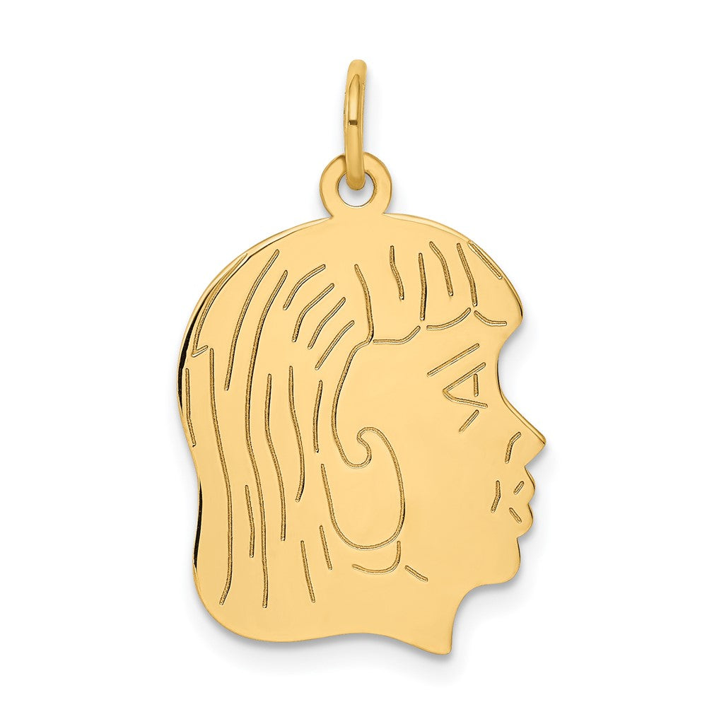 14k Yellow Gold .011 Depth Girl HeadEngravable Charm Pendant Jewelry Gifts (Length 1.05" Width 0.66")