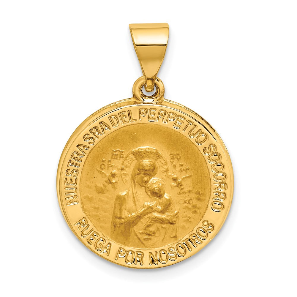 14k Yellow Gold Hollow Polished Satin Spanish Perpetuo Socorro Medal Engravable Charm Pendant Jewelry Gifts (Length 1" Width 0.74")