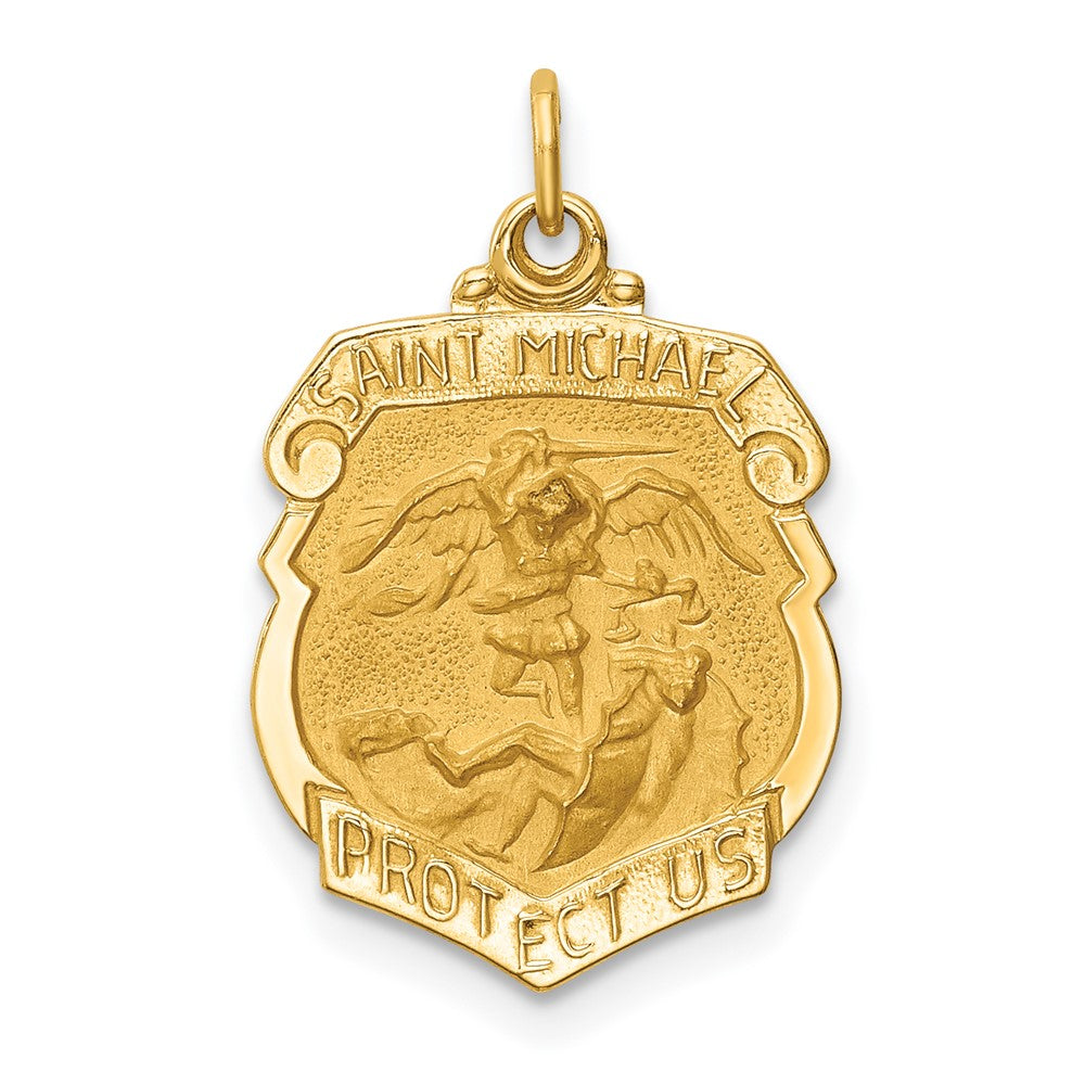 14k Yellow Gold Polished Satin Small St. Michael Badge Medal Engravable Charm Pendant Jewelry Gifts (Length 0.8")