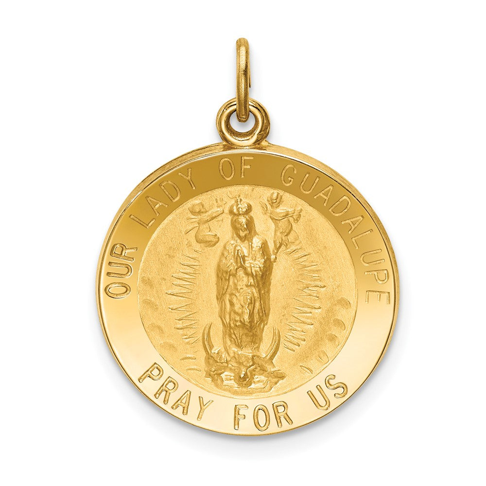 14k Yellow Gold Polished Satin Round Our Lady of Guadalupe Medal Engravable Charm Pendant Jewelry Gifts (Length 0.91" Width 0.69")