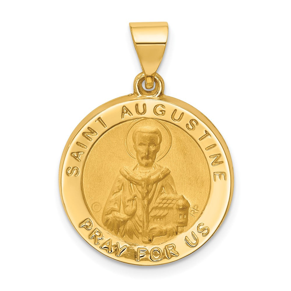 14k Yellow Gold Hollow Polished Satin Round St. Augustine Medal Engravable Charm Pendant Jewelry Gifts (Length 1.01" Width 0.74")