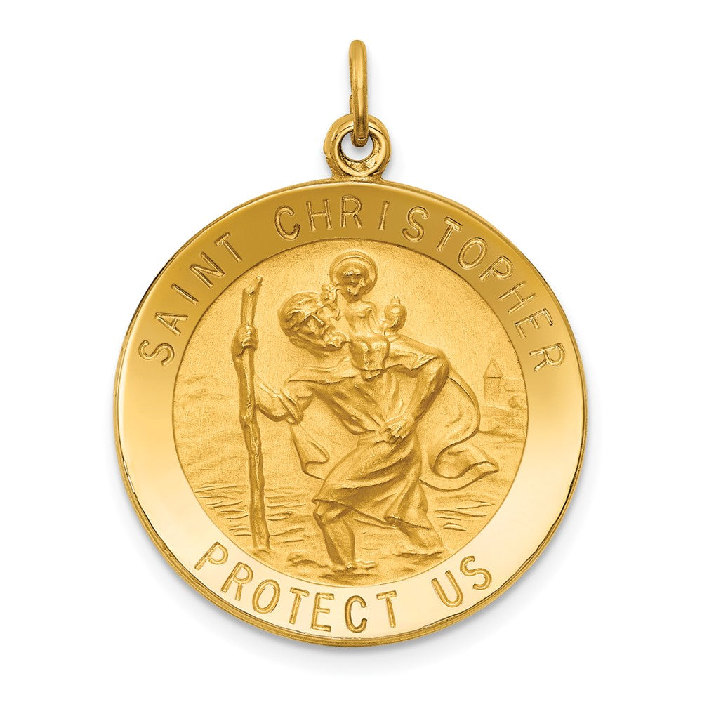 14k Yellow Gold Polished Satin Medium Round St. Christopher Medal Engravable Charm Pendant Jewelry Gifts (Length 1.17" Width 0.92")