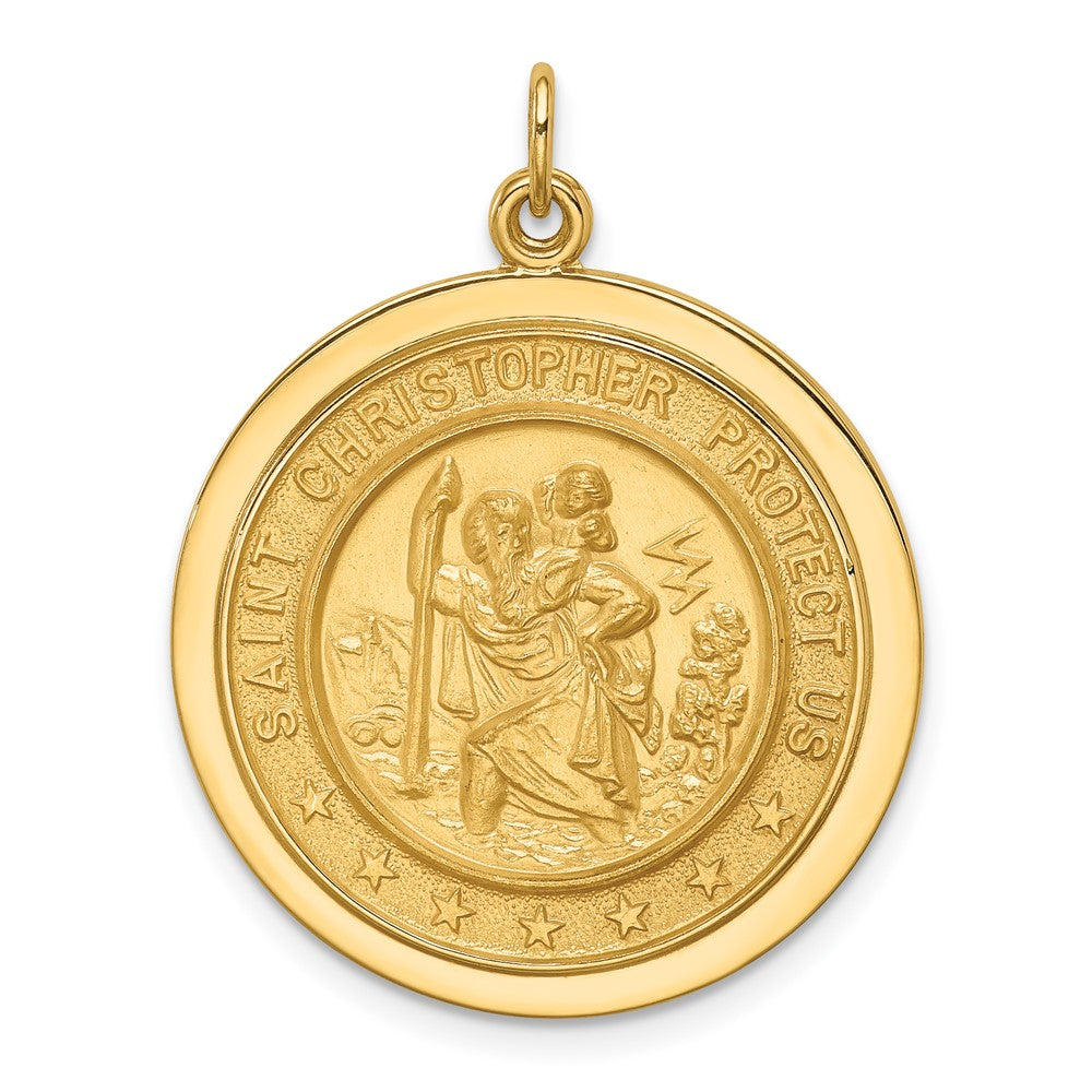 14k Yellow Gold Polished Satin Medium Round Disc St. Christopher Medal Engravable Charm Pendant Jewelry Gifts (Length 1.2" Width 0.95")