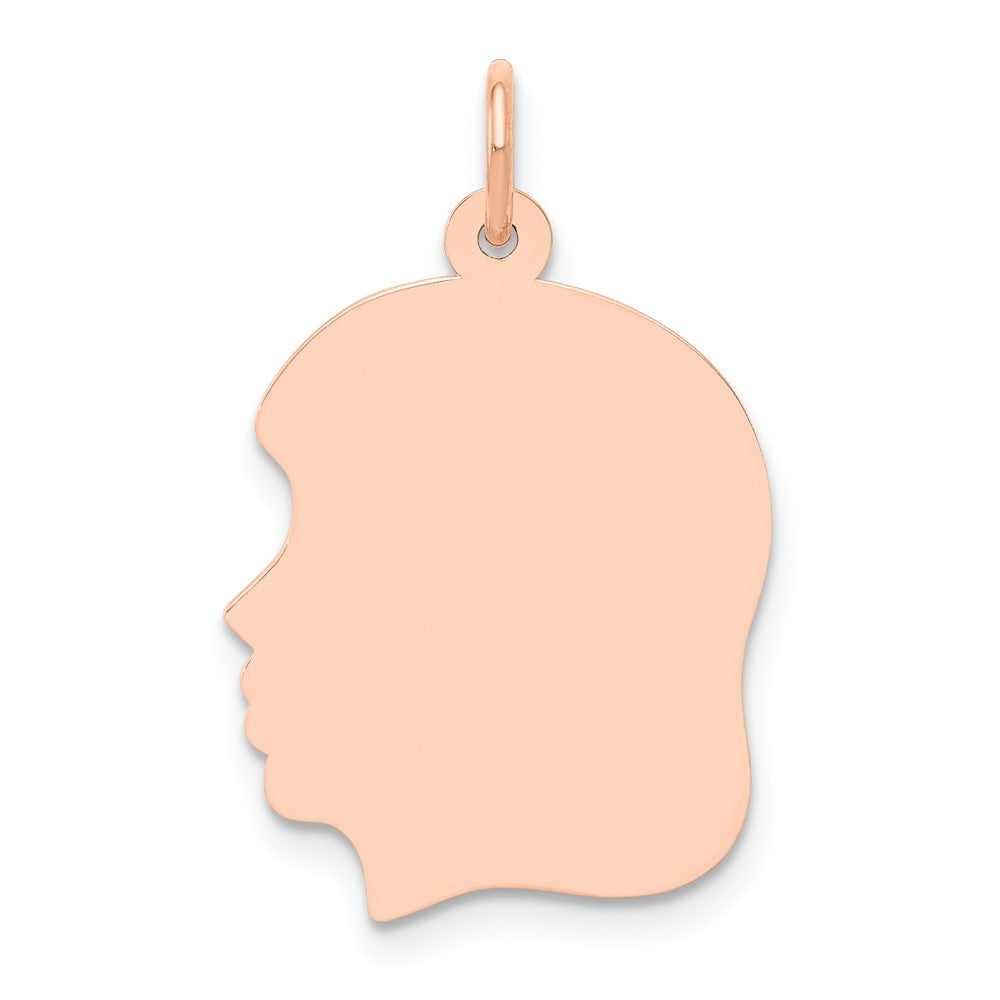 14K Rose Gold Plain Medium.018 Gauge Facing Left Girl HeadEngravable Charm Pendant Jewelry Gifts (Length 1.05" Width 0.66")